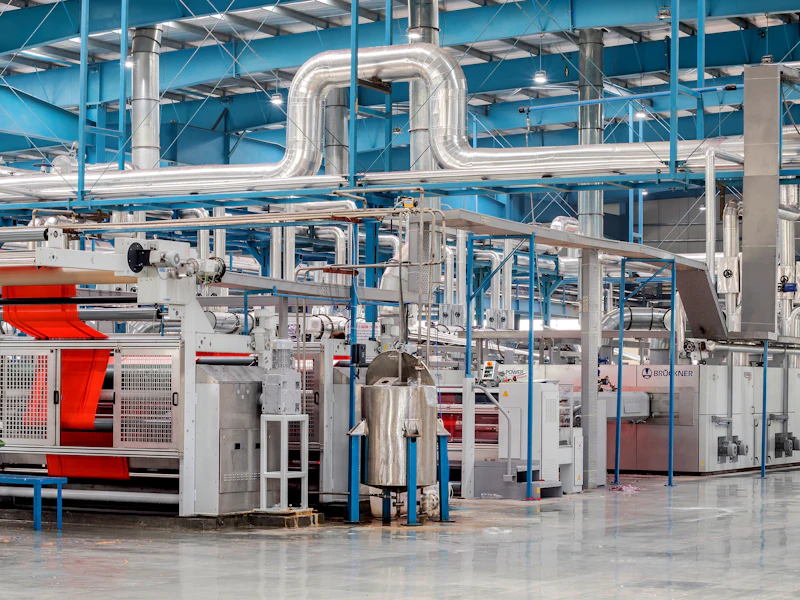Interior de una fábrica textil industrial con maquinaria de producción en marcha
