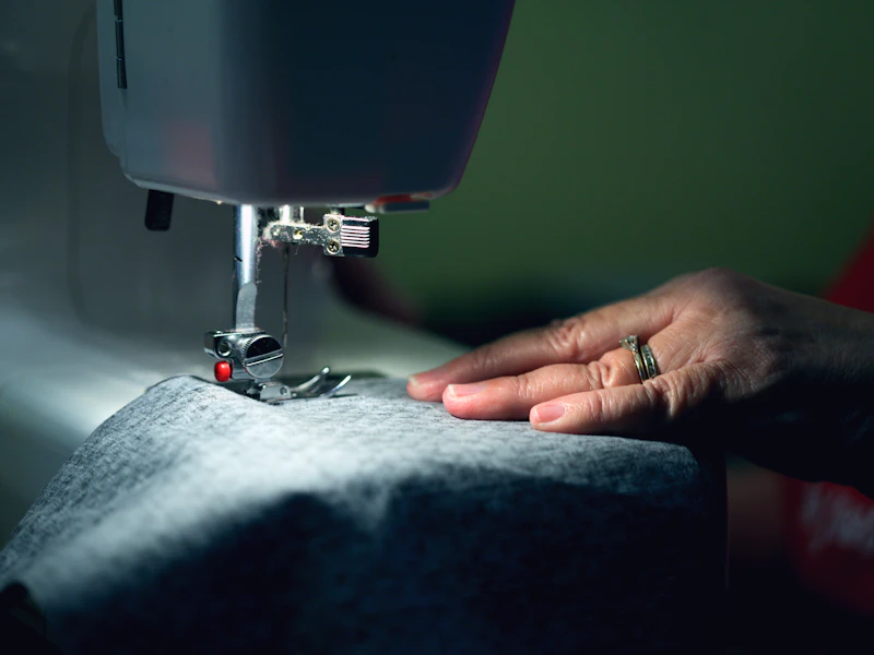 Costurera confeccionando una camiseta en un taller textil