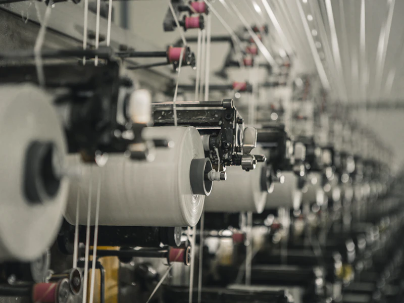 Fila de máquinas de coser industriales en una fábrica de ropa