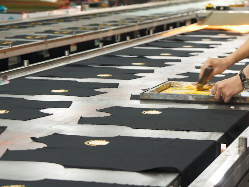 Operario cortando tela para fabricar camisetas sobre una mesa de corte industrial