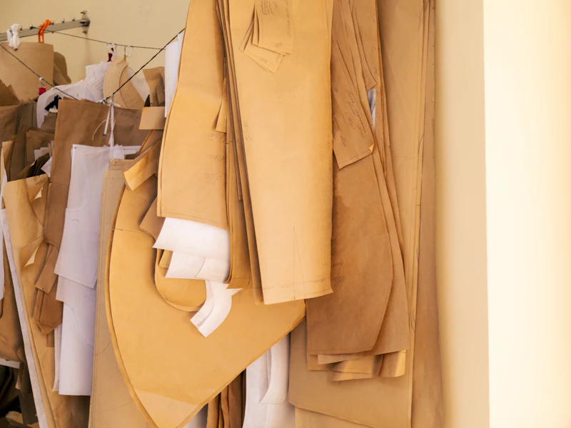Prendas de una colección de marca de ropa colgadas durante la producción