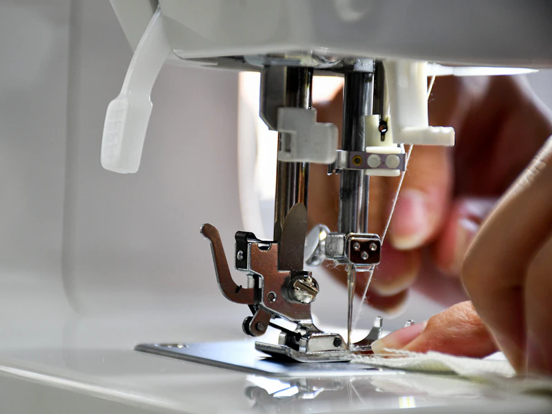 Detalle de una máquina de coser trabajando una prenda en el taller