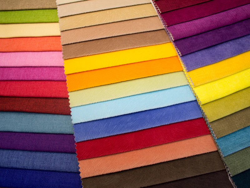 Muestrario de tejidos de rayas de colores sobre una mesa de madera